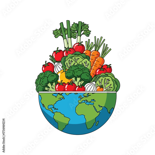 Vector art of a variety of fresh vegetables arranged in a bowl shaped like the earth, , promoting healthy eating and sustainable agriculture