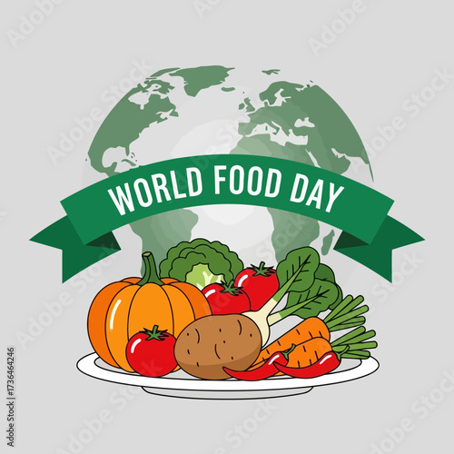 Vector art of a world food day illustration with a globe backdrop, ribbon banner, and a plate of fresh vegetables, promoting healthy eating and global food awareness
