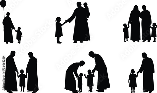 Family silhouette, adult and child interaction, parenting moments, black vector art, caregiving poses, emotional bond, walking, holding hands, love