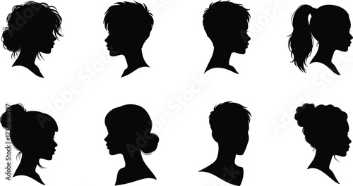 Female hairstyle silhouette, black vector profile, curly, bun, ponytail, spiky, textured hair, fashion design, hairdressing, character style