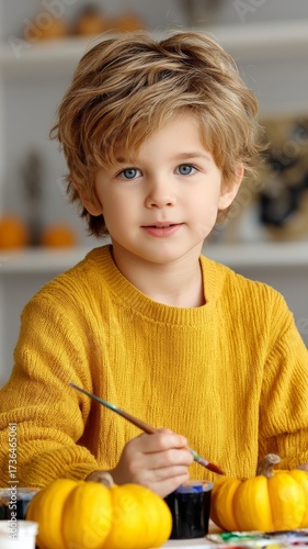Young Child Painting Pumpkins at a Craft Table During Halloween in Cozy Atmosphere