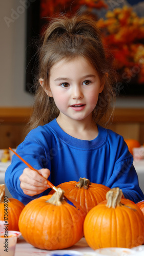 Young Child Painting Orange Pumpkins at a Craft Table During Halloween Preparations