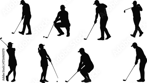 Golf player silhouette set, black vector art, swing and stance pose, sports technique, club motion, athletic activity, side profile