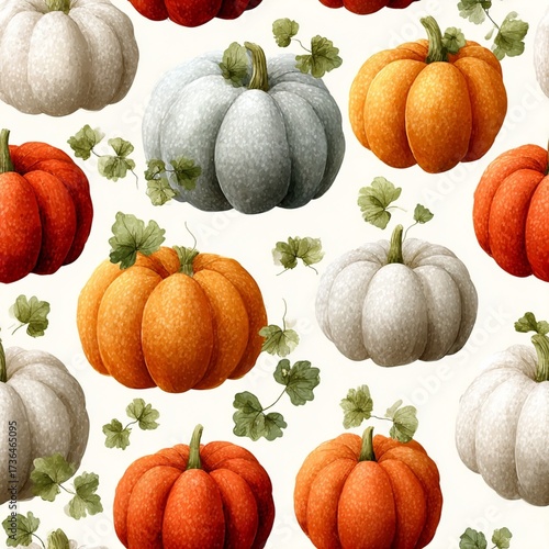 Fall seamless pattern with white and orange pumpkins and leaves. Watercolor botanical print. Autumn gourds background.