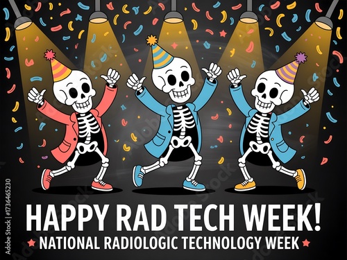 Three cheerful skeleton characters celebrate national radiologic technology week with confetti and party hats