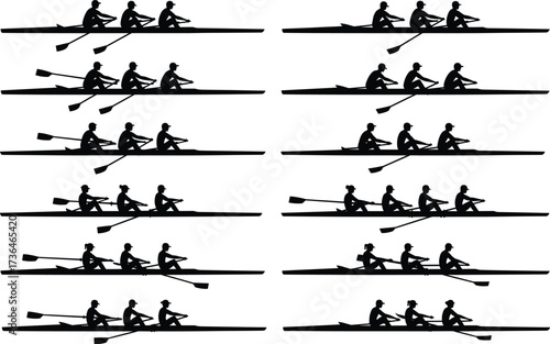 Rowing team silhouette vector set, black and white sport illustration showing boat formations, oar positions, crew styles, competitive water activity