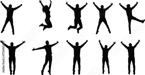 Jumping silhouette, expressive human pose, black vector art, energetic movement, male and female figures, joy, motion study, dynamic leap