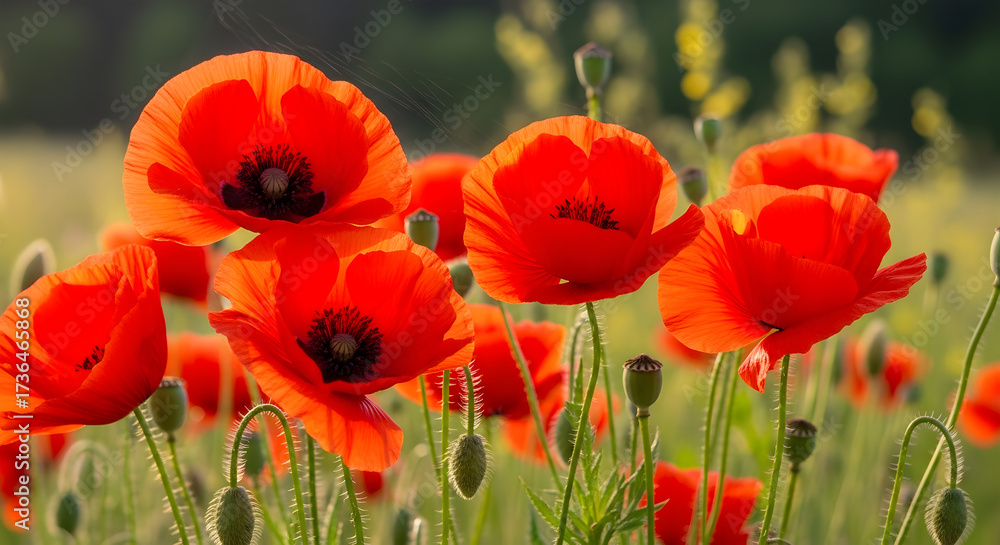 Obraz premium Close-up of Bright Red Poppies in a Field with Soft Green and Yellow Bokeh Background red flowers