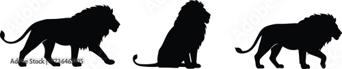 Lion silhouette set, black vector art, walking and sitting pose, majestic animal, wildlife illustration, big cat, safari theme