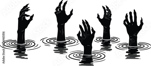 Silhouette hands reaching from water with ripples, dramatic emotional vector art, struggle concept, black and white illustration for design