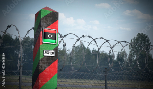 Fotografie Border post with flag of Libya - 3D illustration