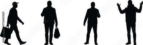 Male silhouette with shopping bags, black vector art, walking and standing pose, gesture variety, casual posture, travel, retail scene