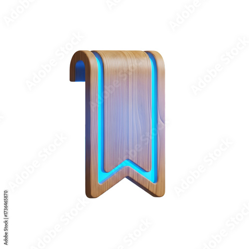 A wooden bookmark with blue glowing light, isolated on transparent background