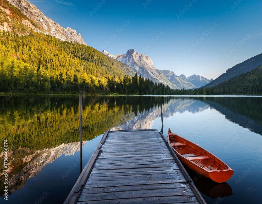 Obraz premium boat on mountain shore with reflections