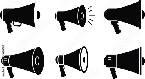 Megaphone silhouette, black vector icon set, sound wave illustration, public speaking, announcement tool, broadcast symbol, communication device, alert