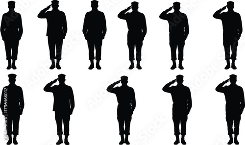 Military silhouette, saluting soldiers, black vector art, uniform discipline, army formation, standing pose, respect gesture, troop lineup, service honor