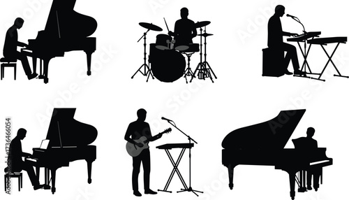 Musician silhouette set, black vector art, piano, drums, guitar, keyboard, microphone, live performance, music band, instrument variety