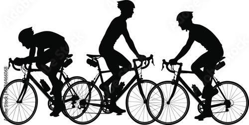 Silhouette vector of three cyclists riding road bikes in different postures with helmets, drop handlebars, and water bottles on frames
