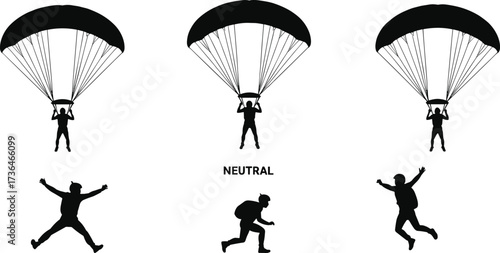 Parachuting silhouette sequence, skydiver landing positions, parachute descent vector, aerial sport illustration, motion graphic, training concept, extreme activity, vector art