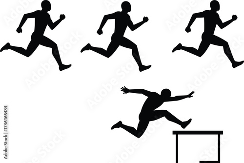 Running and hurdling silhouette, black vector art, athletic motion sequence, track and field, leap over hurdle, sports biomechanics