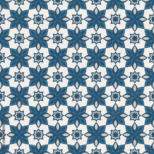Elegant Geometric Flower Tile Seamless Pattern in Blue and Beige