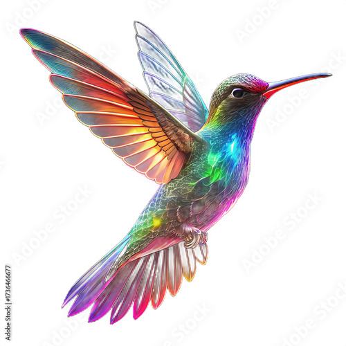 Hummingbird, with rainbow glowing wings, cutout, PNG isolated on white or transparent background