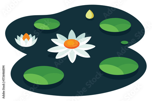 Cartoon Pond with White Water Lilies, Green Lily Pads, and a Single Droplet