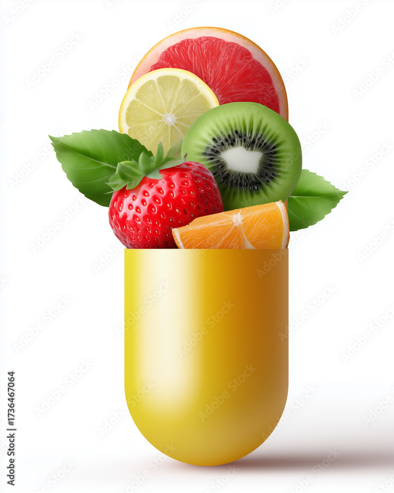 custom made wallpaper toronto digitalA vibrant fruit combination overflowing from a yellow capsule, representing health and vitality