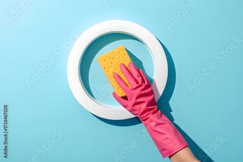 Hand In Pink Glove Cleaning With Yellow Sponge image