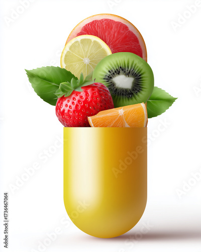 Wallpaper Mural A vibrant fruit combination overflowing from a yellow capsule, representing health and vitality Torontodigital.ca