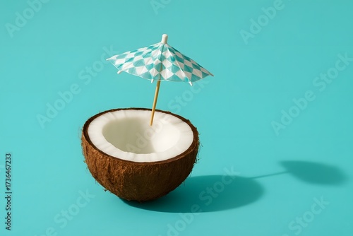 Half Coconut With Cocktail Umbrella On Blue Background