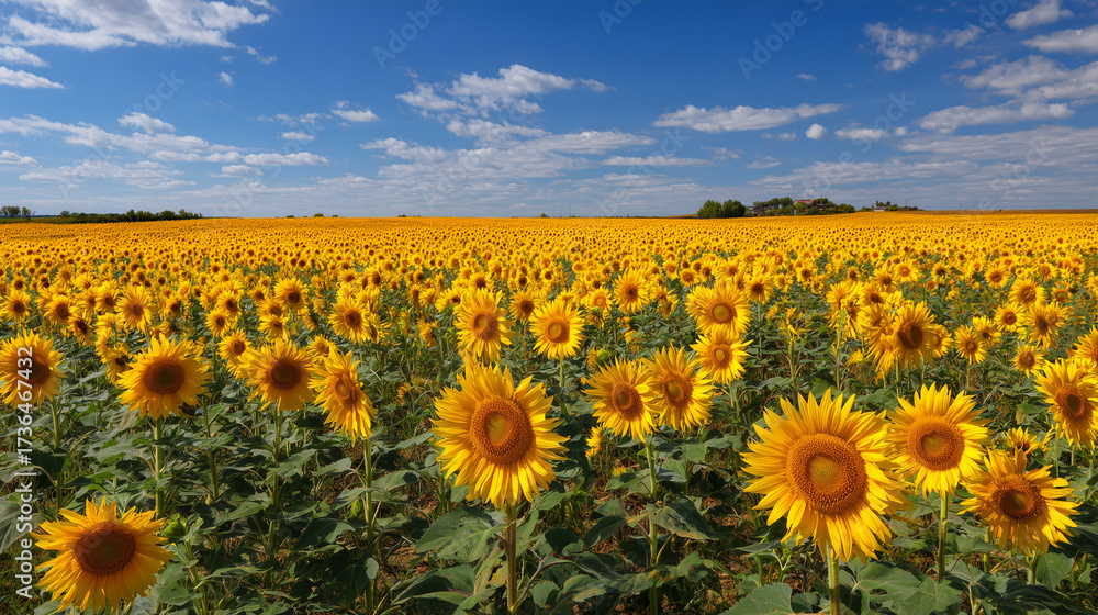 Fototapeta premium A vibrant field of sunflowers stretches towards the horizon under a bright blue sky filled with fluffy clouds. These sunflowers are in full bloom
