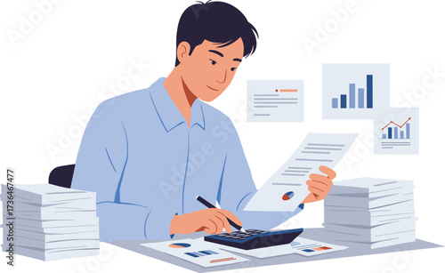 Businessman calculating financial documents with calculator and reports, office accounting analysis and professional tax paperwork illustration vector