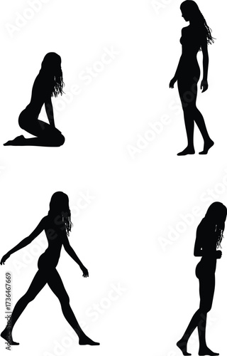 Human silhouette poses, standing walking kneeling, body posture study, anatomy reference, motion analysis, artistic figure drawing, black vector illustration, design reference