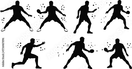 Table tennis silhouette set, black vector art, ping pong action pose, forehand and backhand stroke, sports motion, ball movement