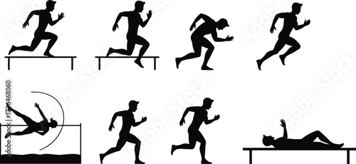 Track and field silhouette, athlete motion sequence, hurdle jump vector, sprinting pose illustration, high jump graphic, sports training, vector art