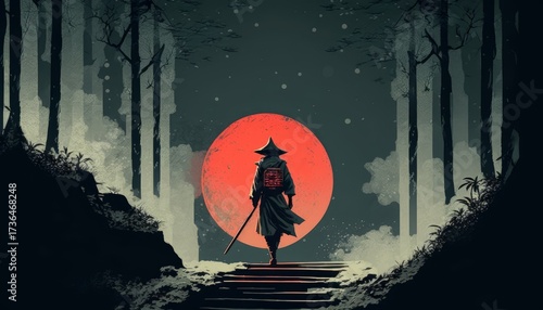 A samurai is standing on a stairway in a forest at night, with a red moon in the background