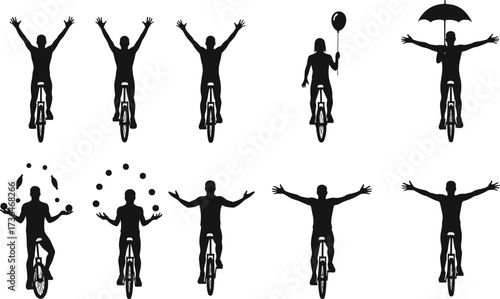 Unicyclist silhouette sequence, people performing tricks, circus balance vector, juggling pose illustration, creative motion graphic, street performance, vector art