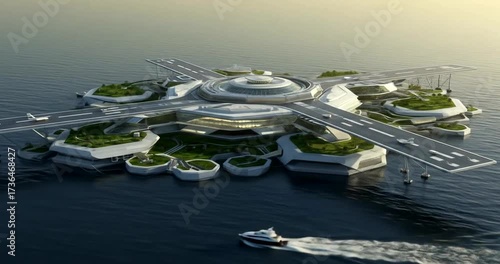 Futuristic floating city with advanced architecture at sunset