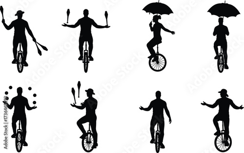 Unicycle silhouette, juggling performance, circus skills, black vector art, balance pose, umbrella trick, hat style, motion, coordination, talent