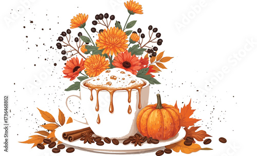 Cozy autumn coffee with pumpkin and flowers creating a warm seasonal atmosphere