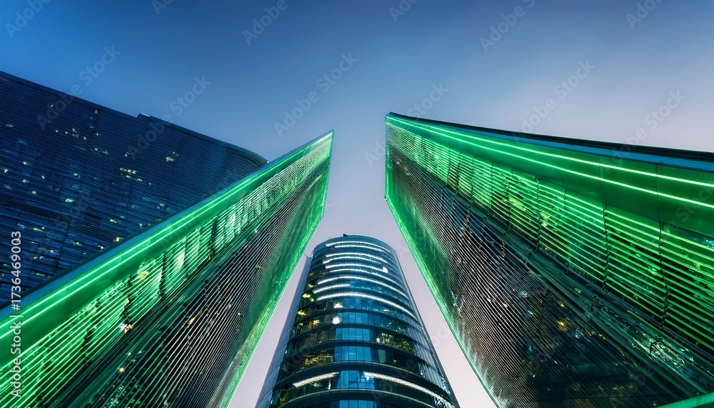 Fototapeta premium modern architectural towers connected by a green illuminated skybridge architecture building