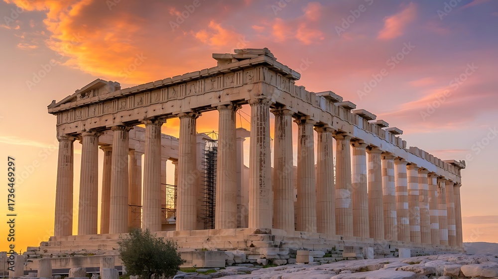 Fototapeta premium Restored Parthenon Temple at Sunset with Doric Columns and Scaffolding