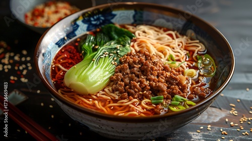 Close up of a bowl of dan dan noodles with bok choy and ground meat served in a patterned bowl