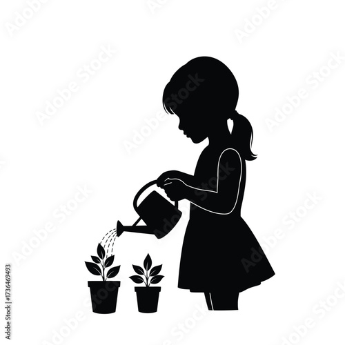 An elegant children's imagination silhouette captures a young girl watering thriving plants, symbolizing nurturing, growth, and the hopeful promise of future life