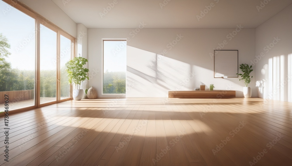 Fototapeta premium bright and airy interior space featuring wooden floor and large windows casting soft shadows on white walls creating serene atmosphere