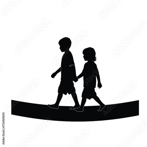 Children's imagination silhouette Two figures walking on a curved line, depicting friendship and shared journey