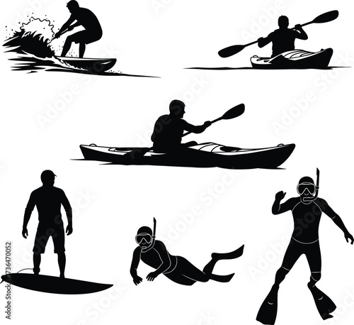surf, kayak, snorkel, swim, paddle, ocean, sea, water, sport, activity, leisure, dive, fins, mask, board, wave, adventure, recreation, silhouette, travel