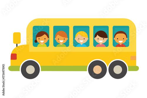 Cartoon Yellow School Bus with Five Smiling Children Riding to School Illustration