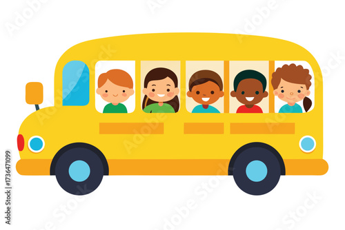 Cartoon Yellow School Bus with Happy, Smiling Diverse Children Passengers Riding to School